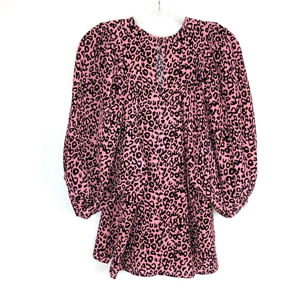New Les Reveries Silk Balloon Sleeve Animal Leopard Print Blouse Pink Size 4 - Picture 7 of 16